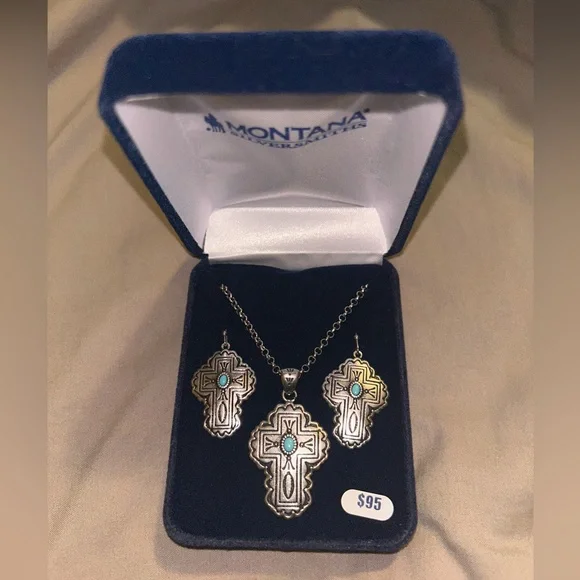 NEW Montana Silversmiths Cathedral Turquoise Silver Cross Set Western Cross - Picture 2 of 6